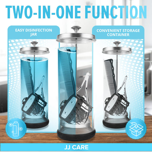 JJ CARE Disinfectant Jar (35oz) - Barber Jar Glass, Sanitizer Disinfectant Glass Jar, Barber Disinfectant Jar, Implement Disinfectant Container w/Stainless Steel Removable Strainer & Cap - Silver Lid